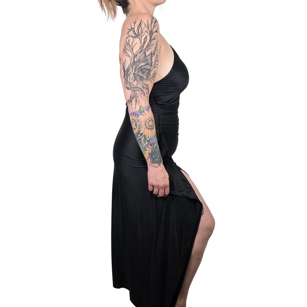 Medium Sexy Black One Shoulder Satin Maxi Dress w Slit [TF034-Black-M] - Picture 2 of 6